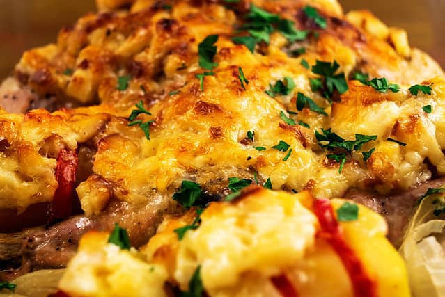KING RANCH CHICKEN, Baked, Basil, Branch - Plant Part, Brown, Cheese
