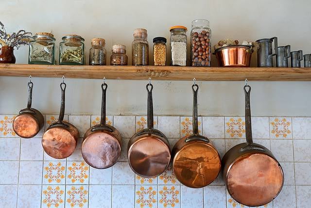 Cooking Pan, Hanging, Copper, Kitchen, Shelf