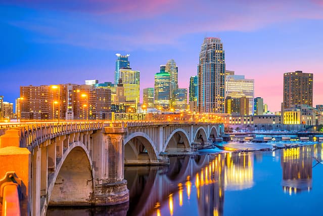 Minneapolis downtown skyline in Minnesota, USA at sunset