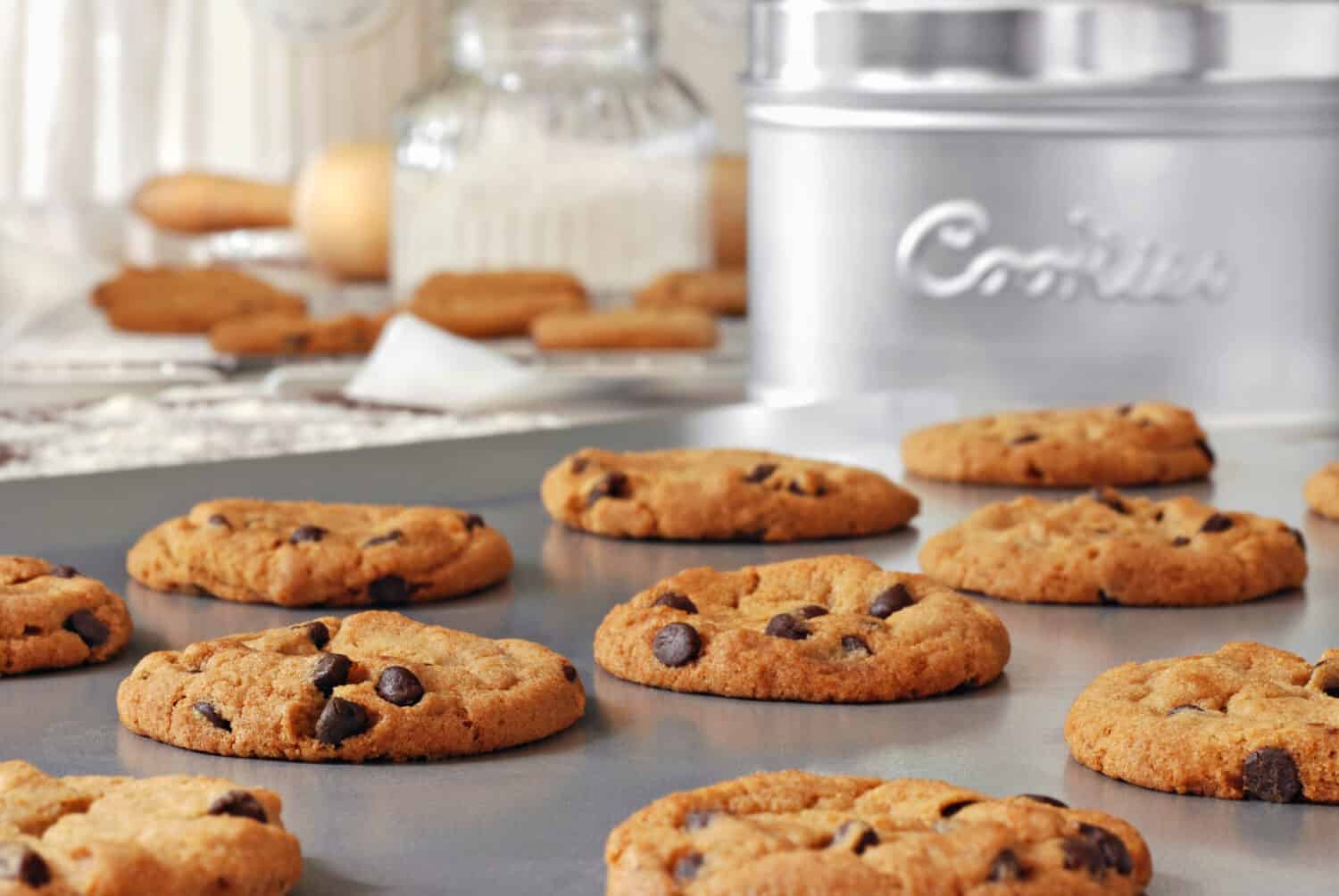 Baking still life of freshly baked chocolate chips cookies on non-stick cookie sheet with canisters, cooling rack and baking supplies in background. Closeup with shallow dof.
