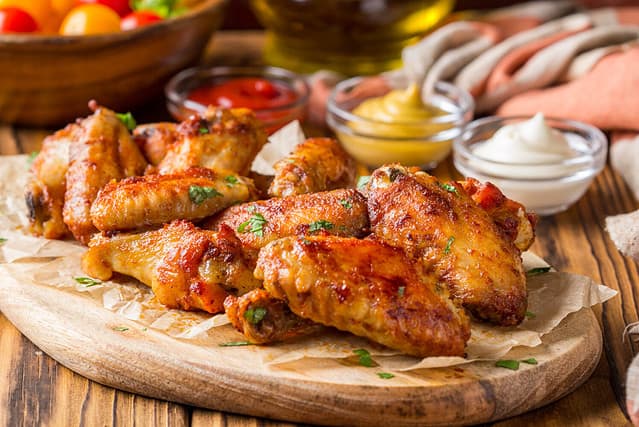 Grilled chicken wings with ketchup and mustard sauces on a wooden board. Traditional baked bbq buffalo