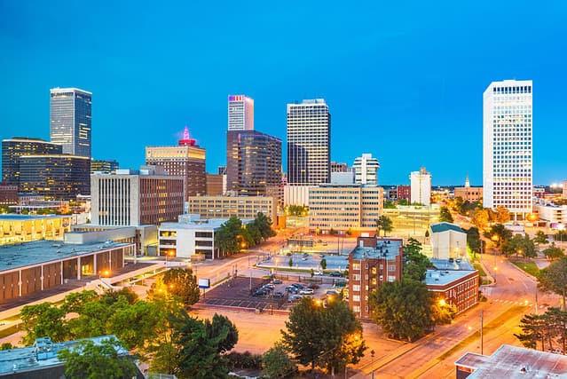 Tulsa, Oklahoma, USA downtown city skyline at twilight.