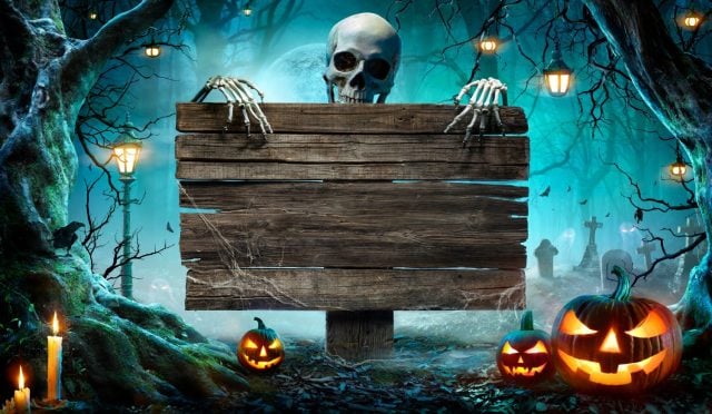 Halloween Party Card - Pumpkins And Skeleton In Graveyard At Night With Wooden Board