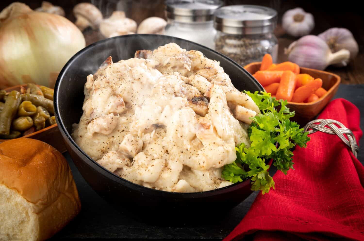 Chicken and Dumplings with green beans and carrots.