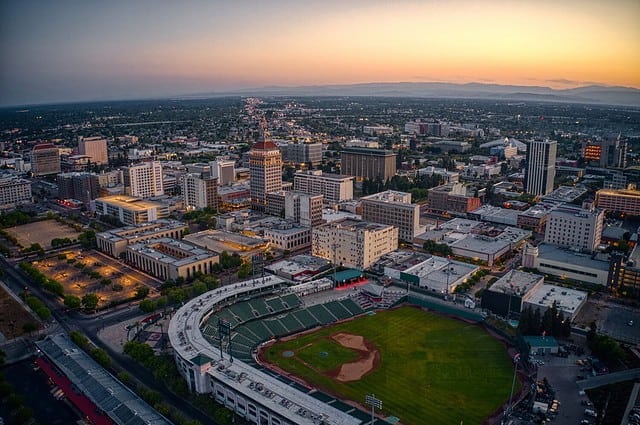 Aerial View of the Fresno, California Skyline at Dusk