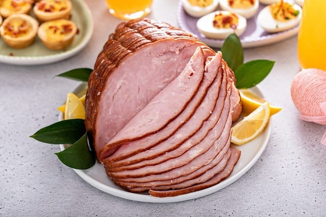 Traditional Easter ham on the table served with Easter brunch