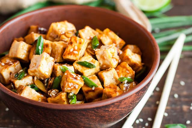 Fried tofu with sesame seeds and spices