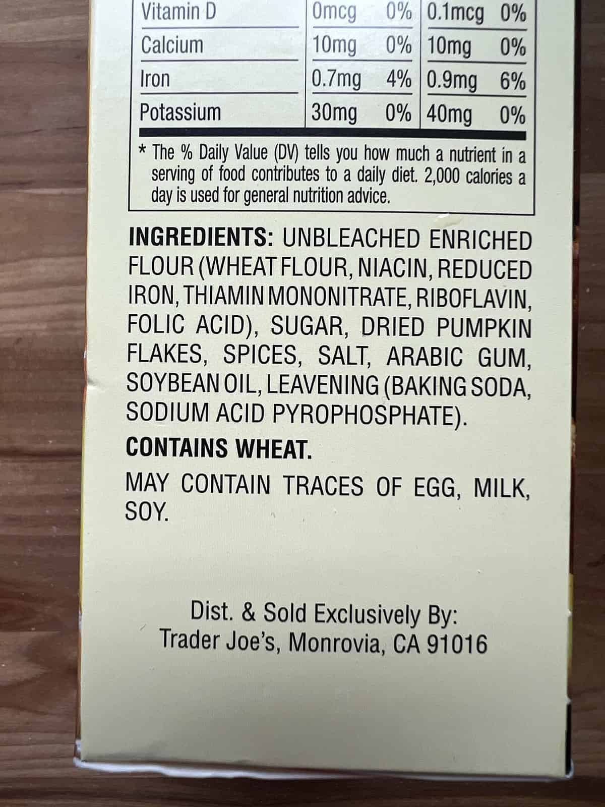 Trader Joe's Pumpkin Bread ingredients list